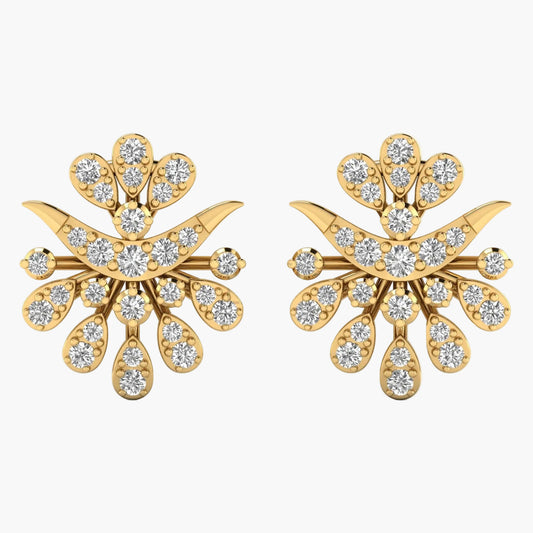 Gold earrings with diamond accents on a white background