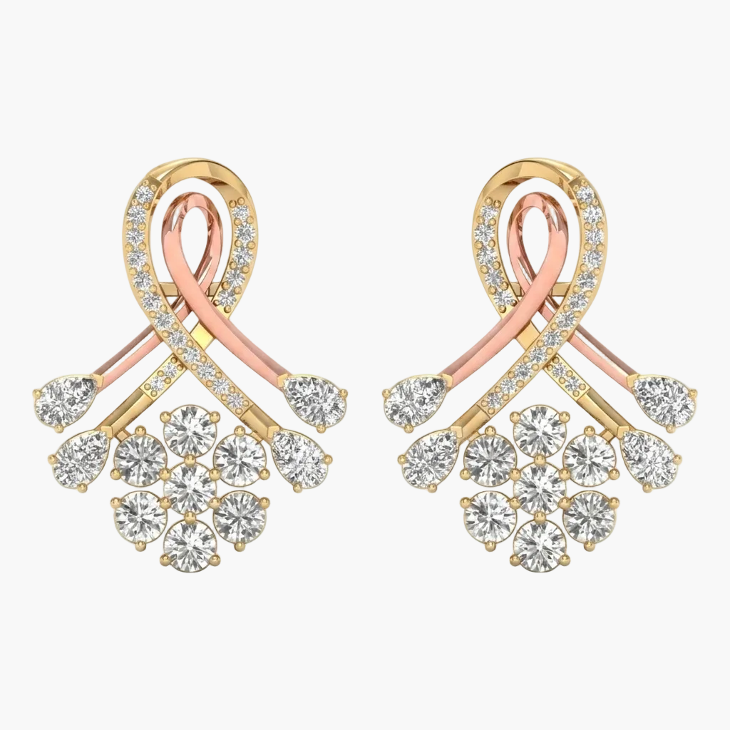 Pair of gold and rose gold earrings with diamond accents on a white background