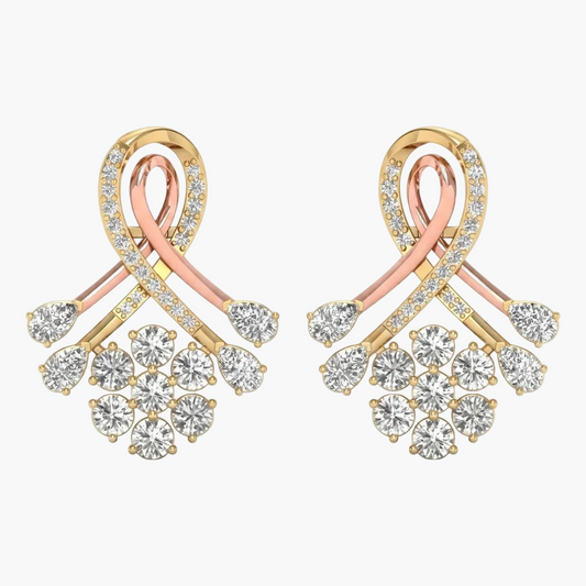 Pair of gold and rose gold earrings with diamond accents on a white background