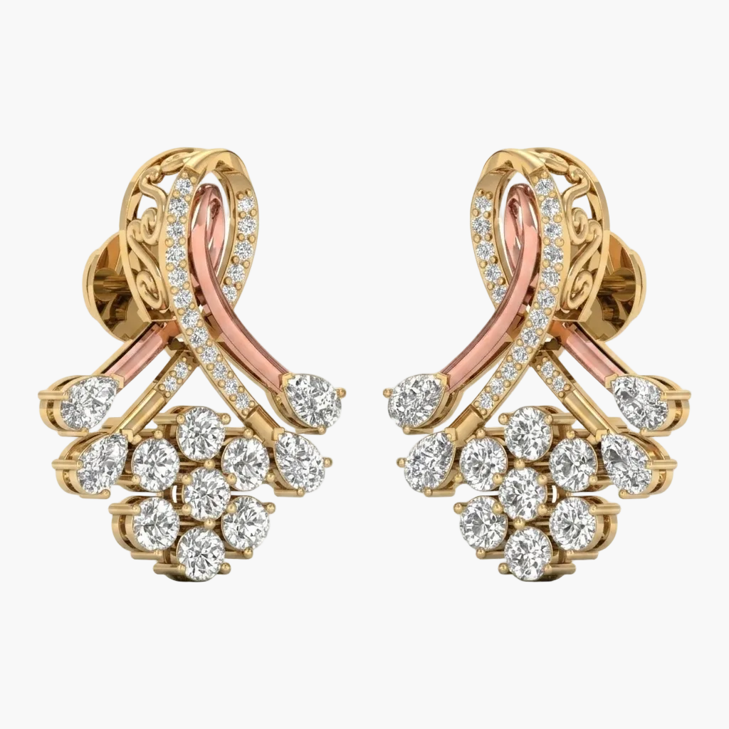 Gold and rose gold earrings with diamond accents on a white background