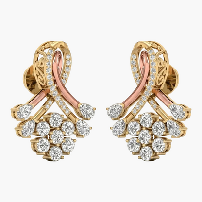 Gold and rose gold earrings with diamond accents on a white background