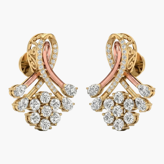 Gold and rose gold earrings with diamond accents on a white background