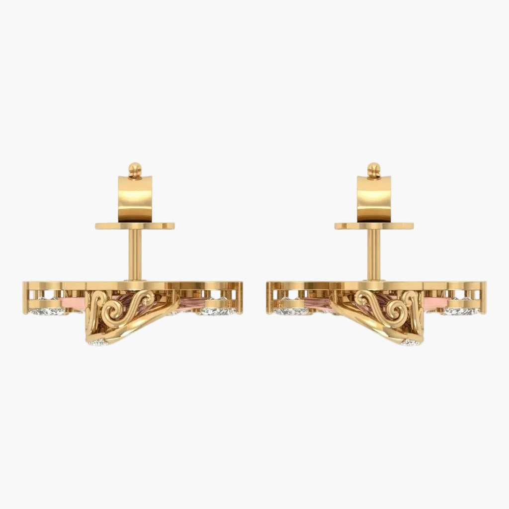Pair of gold earrings with intricate designs on a white background