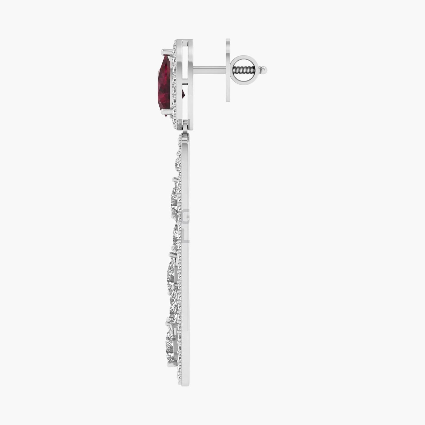 Silver earring with a red gemstone on a white background