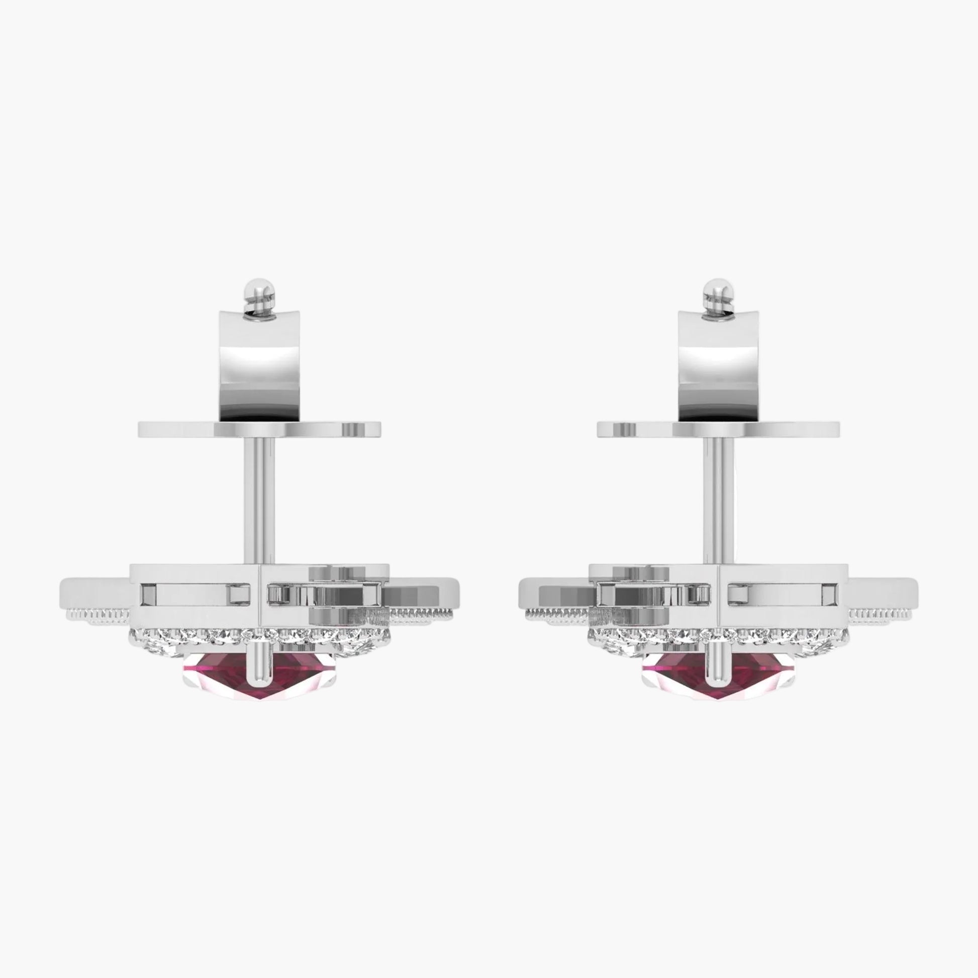 Pair of silver earrings with red accents on a white background, branded 'Green Lab'.