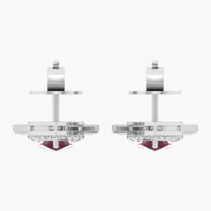 Pair of silver earrings with red accents on a white background, branded 'Green Lab'.