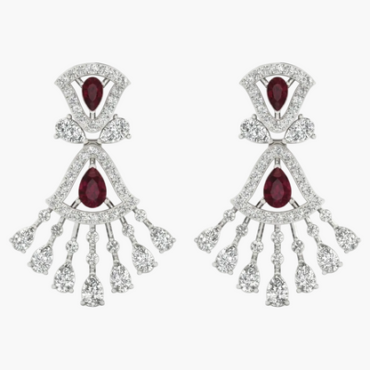 Pair of earrings with red gemstones and diamond-like stones on a white background