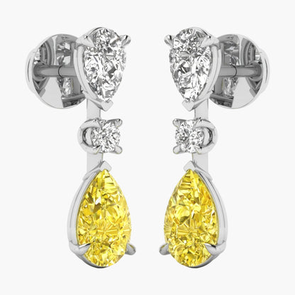 Pair of earrings with yellow teardrop stones and clear gemstones on a white background.