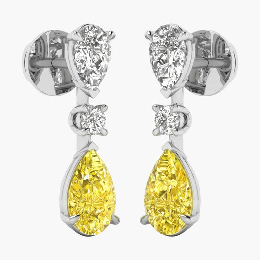 Pair of earrings with yellow teardrop stones and clear gemstones on a white background.