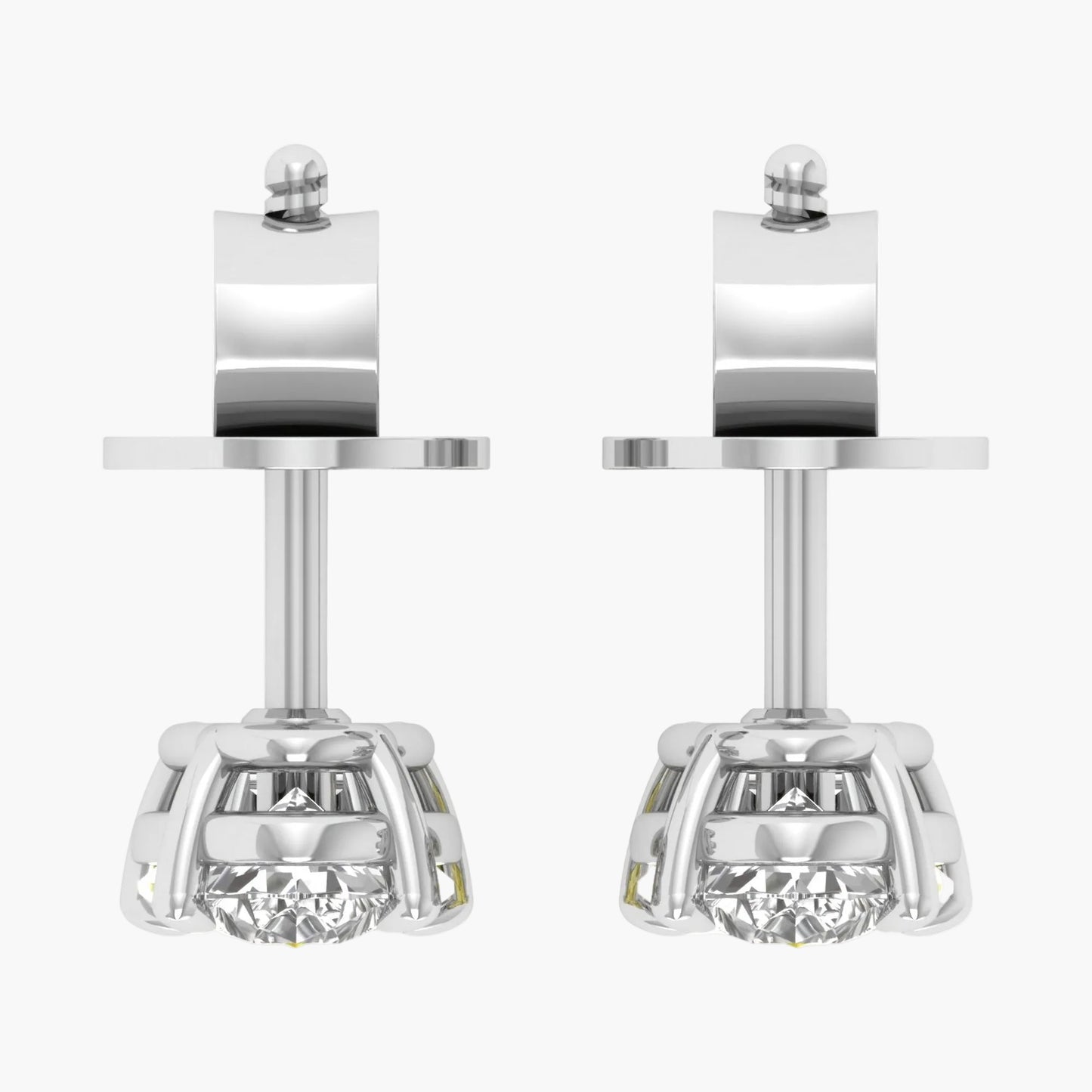 Pair of silver earring studs with clear gemstones on a white background, branded 'Green Lab'.