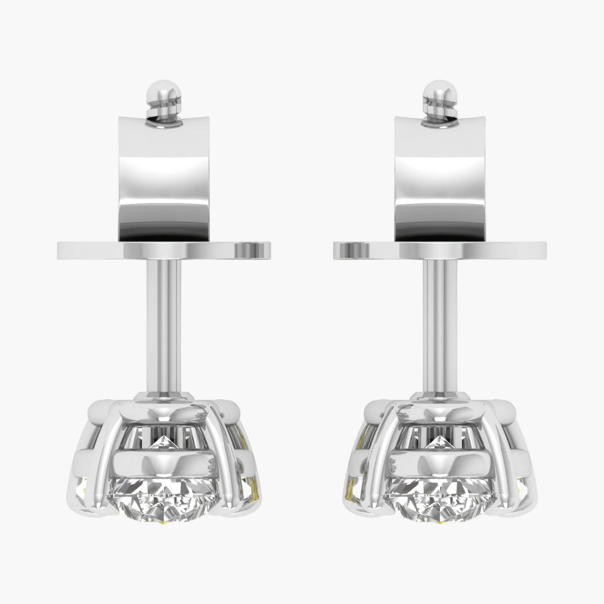 Pair of silver earring studs with clear gemstones on a white background, branded 'Green Lab'.