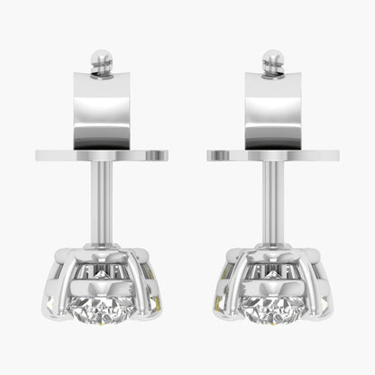 Pair of silver earring studs with clear gemstones on a white background, branded 'Green Lab'.