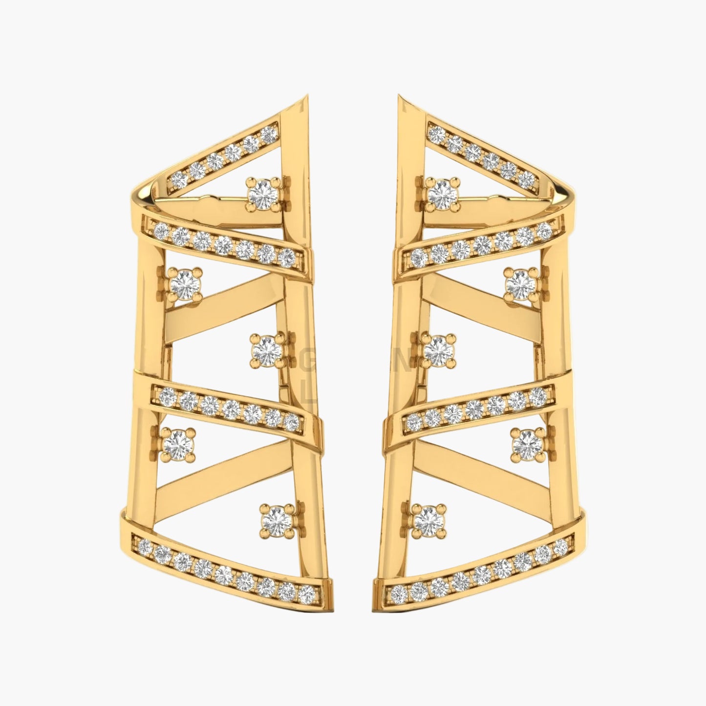 Gold earrings with diamond accents on a white background
