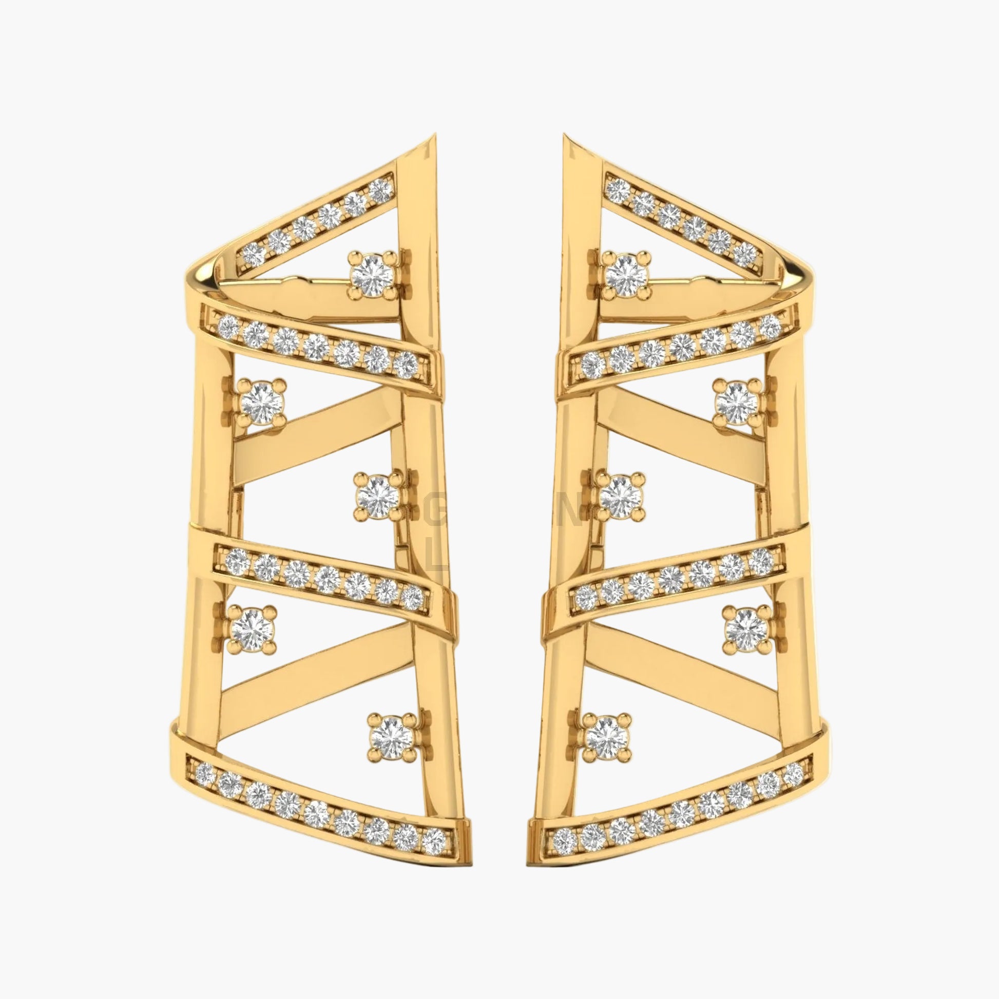 Gold earrings with diamond accents on a white background