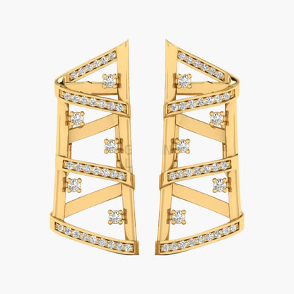 Gold earrings with diamond accents on a white background