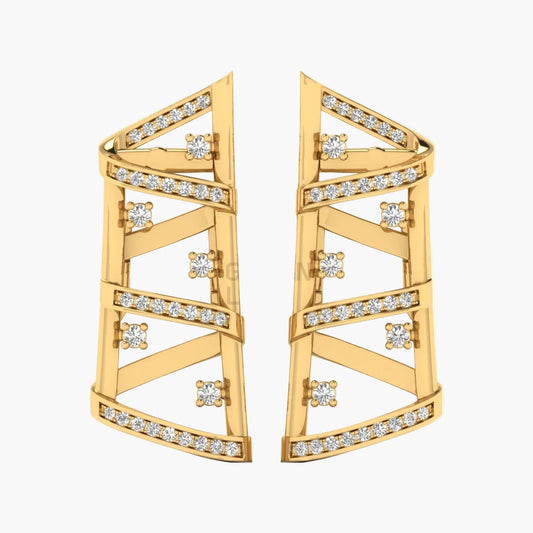 Gold earrings with diamond accents on a white background