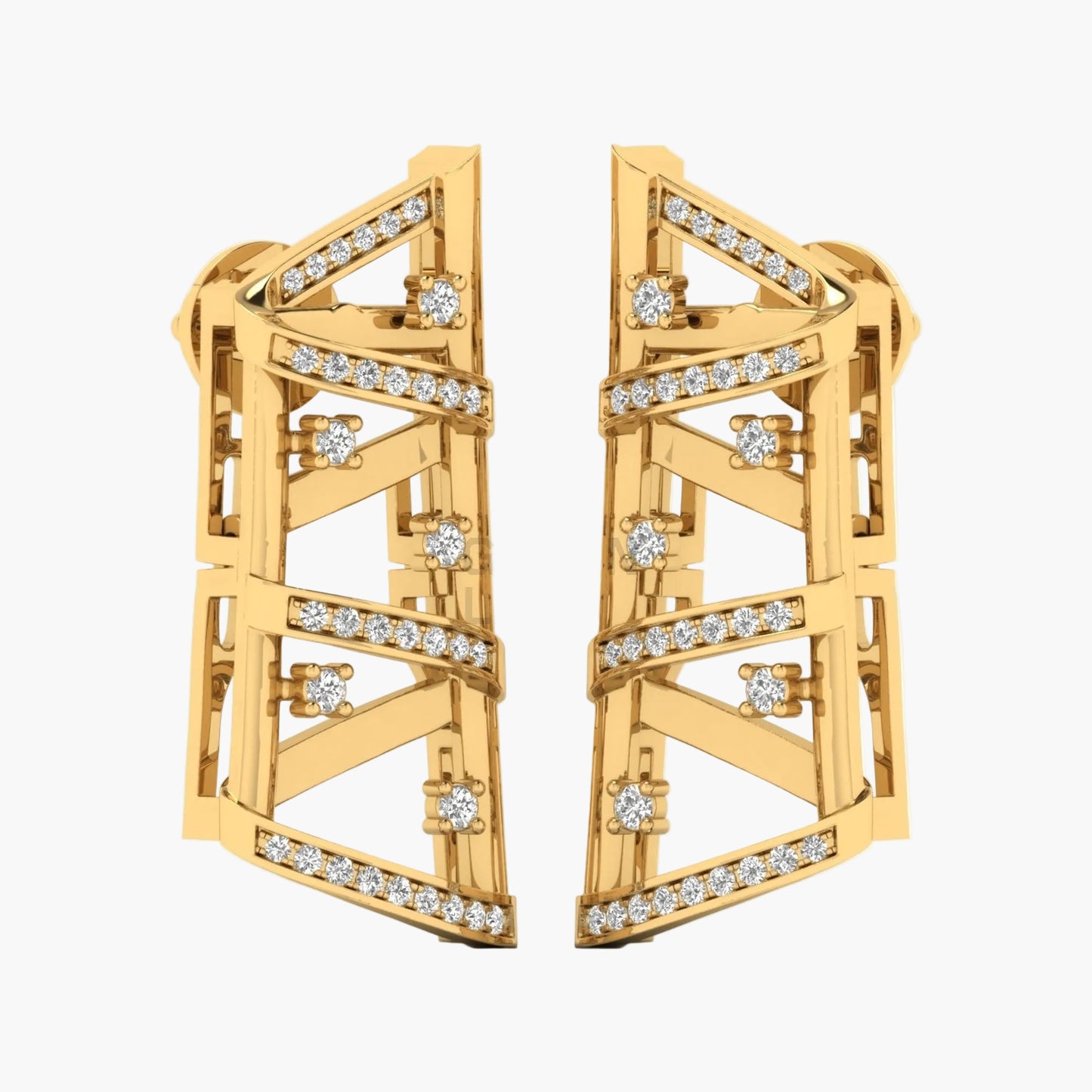 Gold earrings with diamond accents on a white background