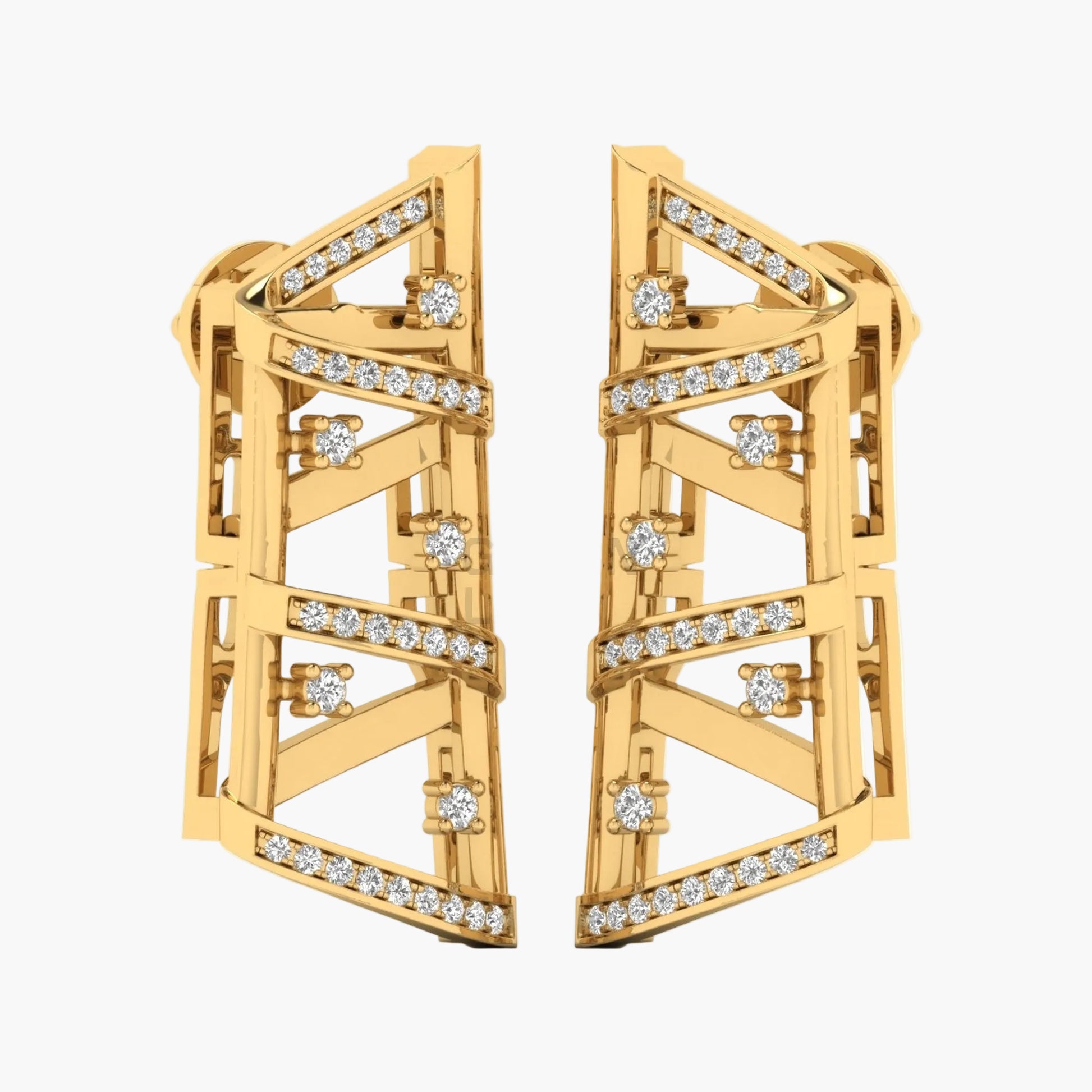 Gold earrings with diamond accents on a white background