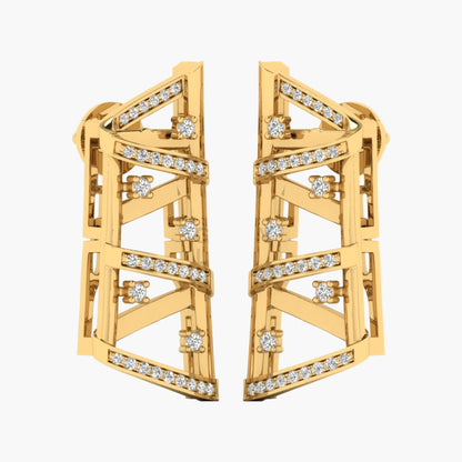 Gold earrings with diamond accents on a white background