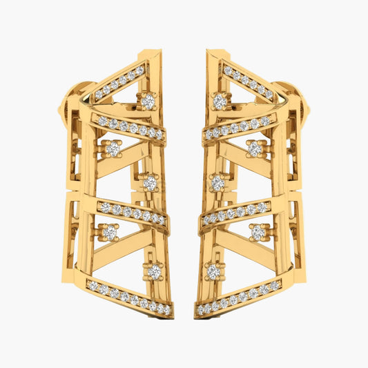 Gold earrings with diamond accents on a white background
