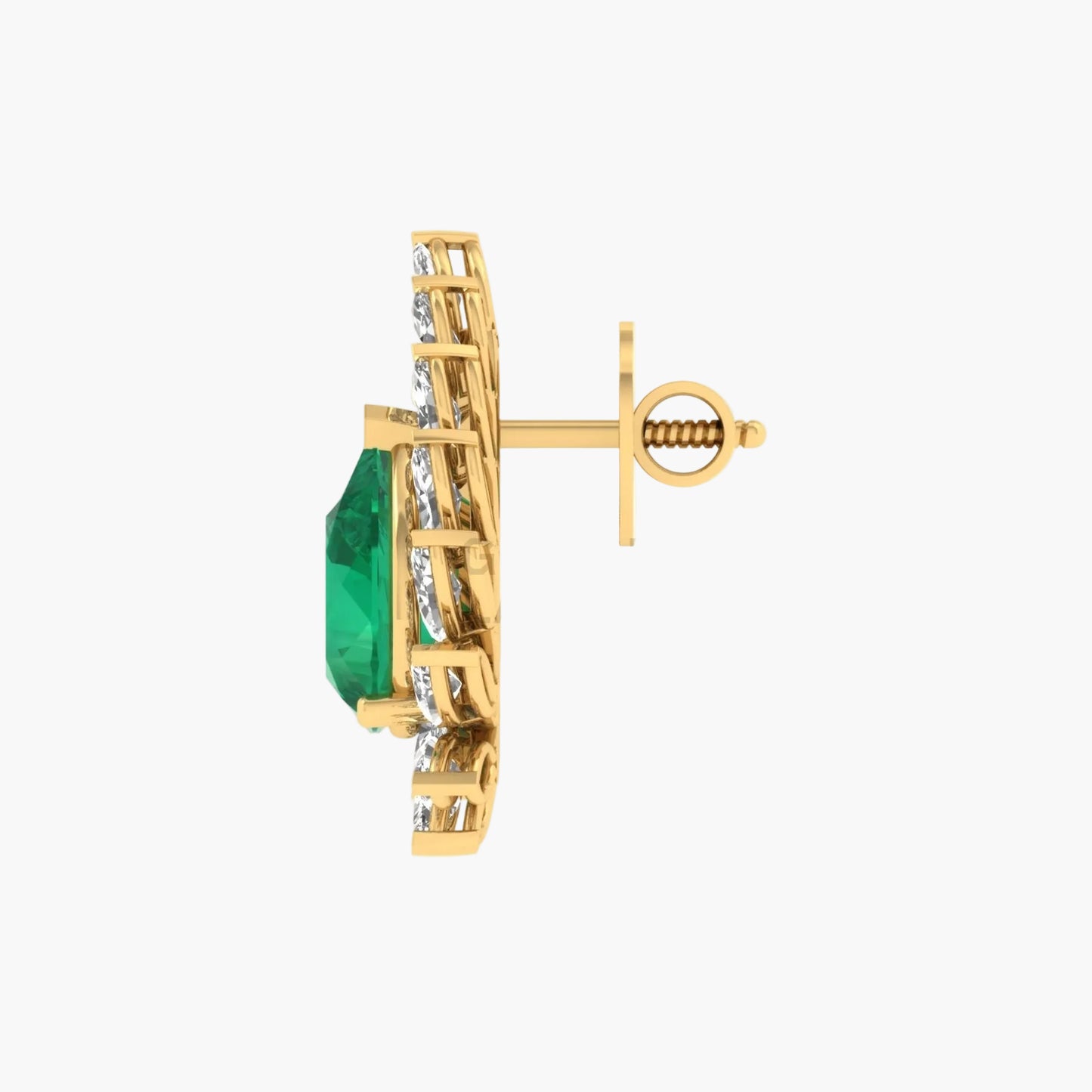 Gold earring with a green gemstone on a white background