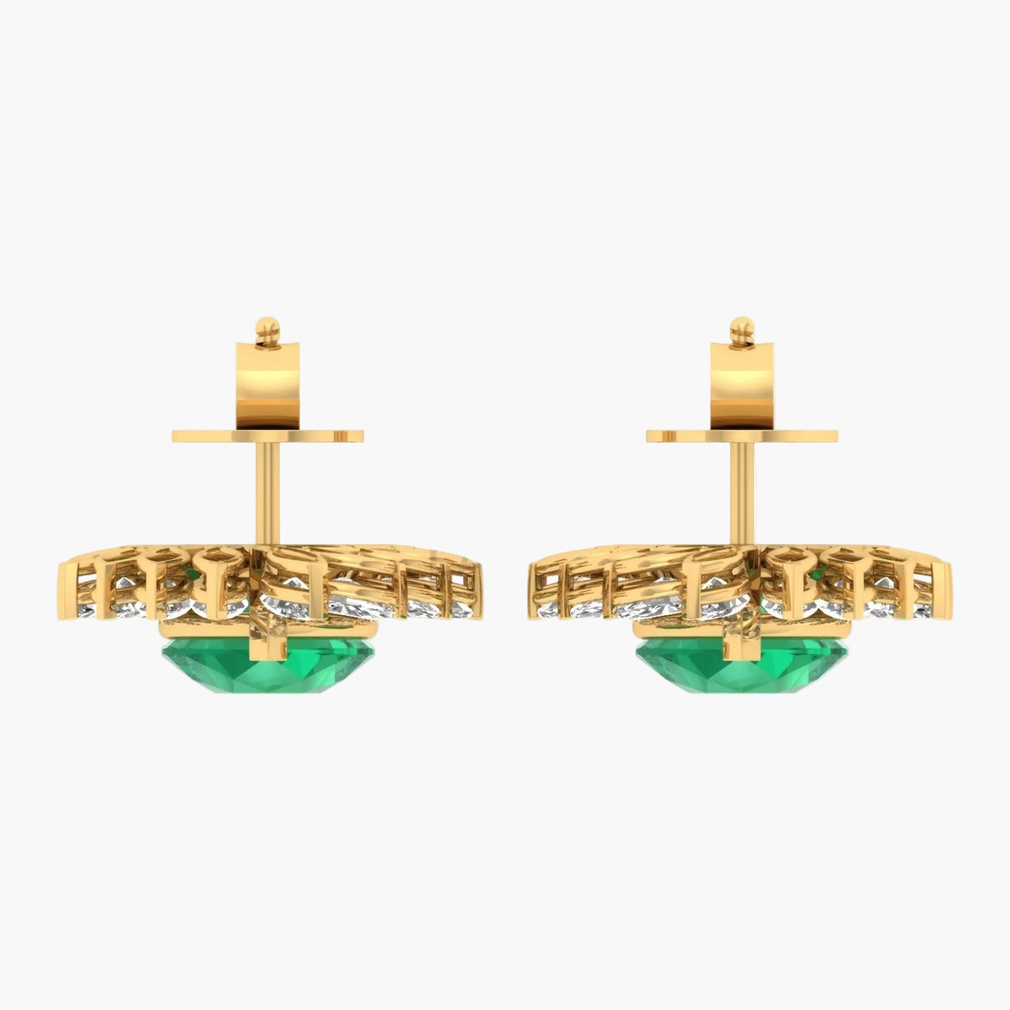 Gold earrings with green gemstones on a white background