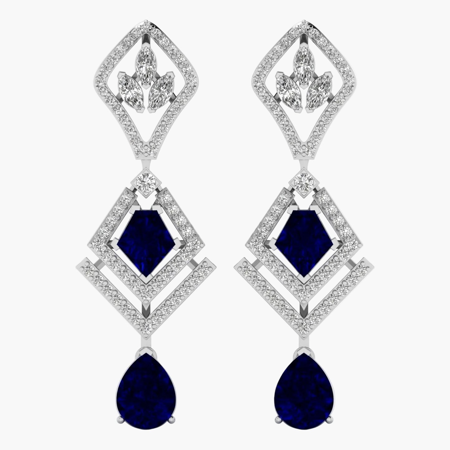 Elegant earrings with blue gemstones and diamond-like stones on a white background
