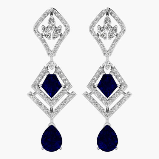 Elegant earrings with blue gemstones and diamond-like stones on a white background