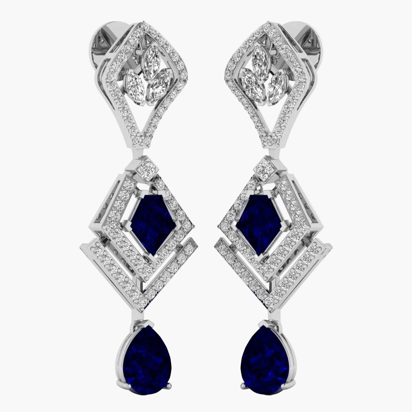 Pair of earrings with blue gemstones and diamond-like stones on a white background
