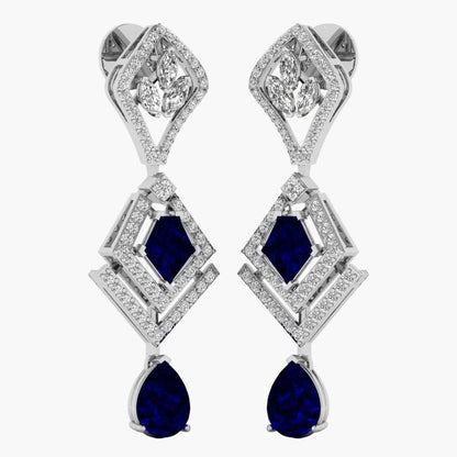 Pair of earrings with blue gemstones and diamond-like stones on a white background