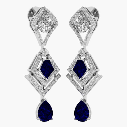 Pair of earrings with blue gemstones and diamond-like stones on a white background