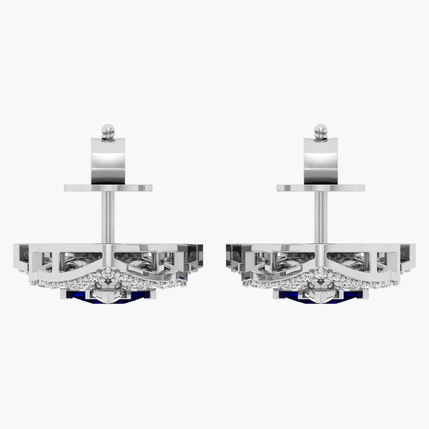 Pair of silver earrings with blue accents on a white background, branded 'Green Lab'.