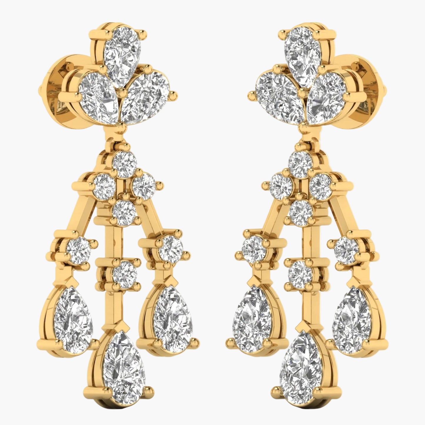 Gold earrings with clear gemstones on a white background