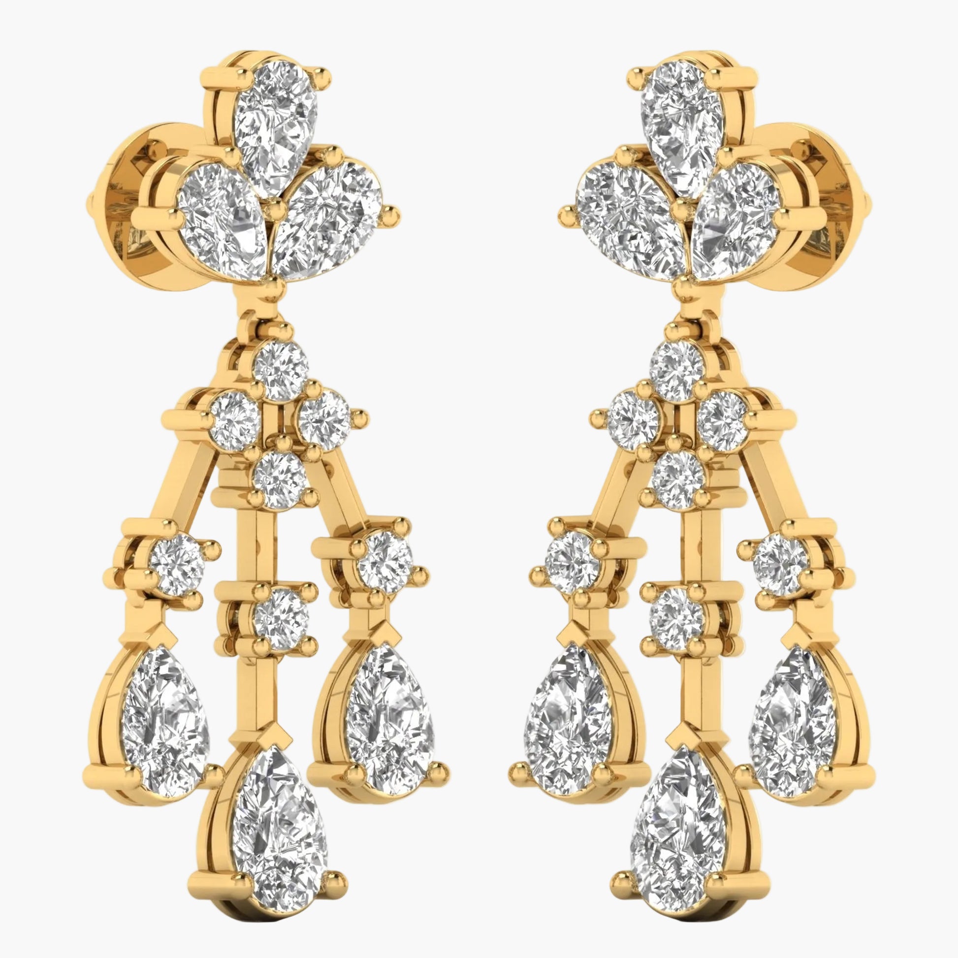 Gold earrings with clear gemstones on a white background