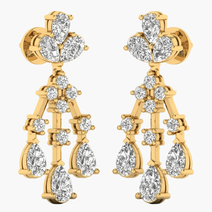 Gold earrings with clear gemstones on a white background