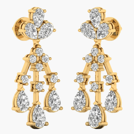 Gold earrings with clear gemstones on a white background