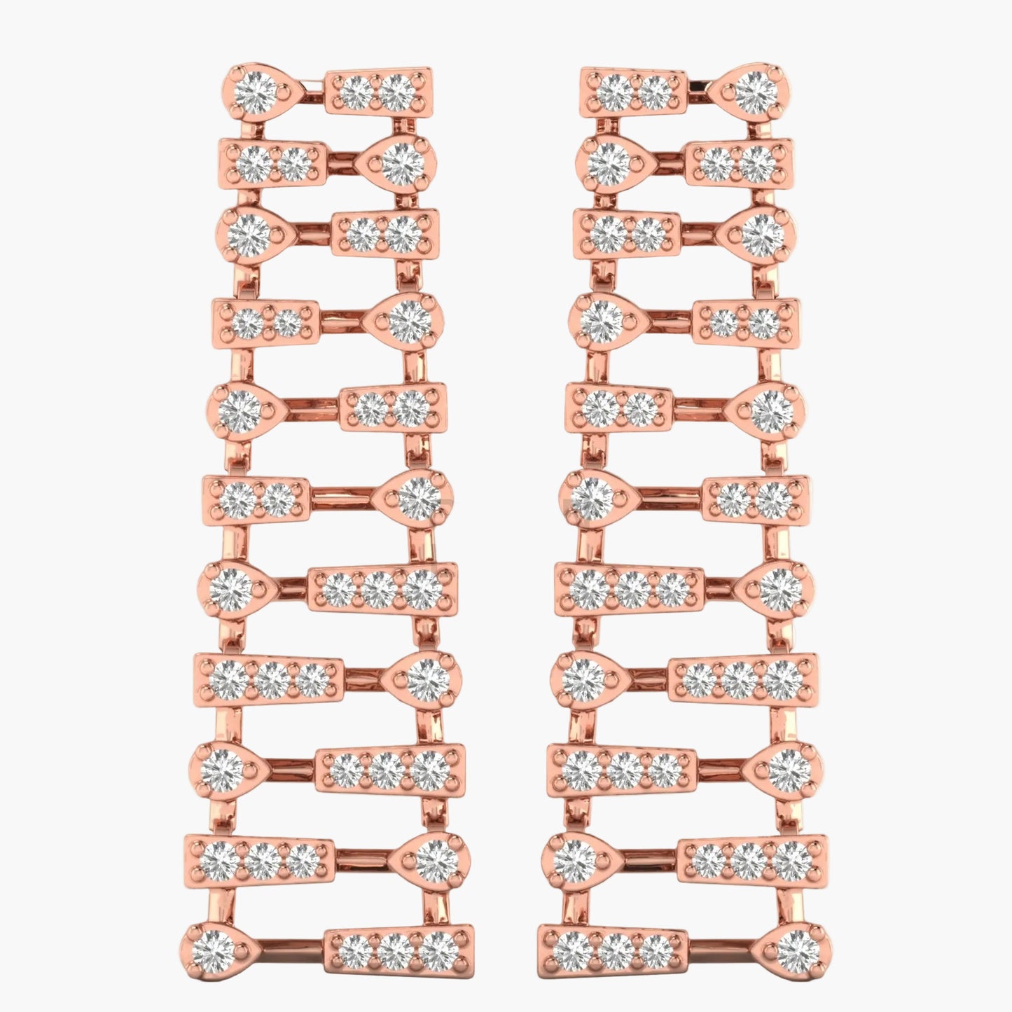 Rose gold earrings with clear gemstones on a white background