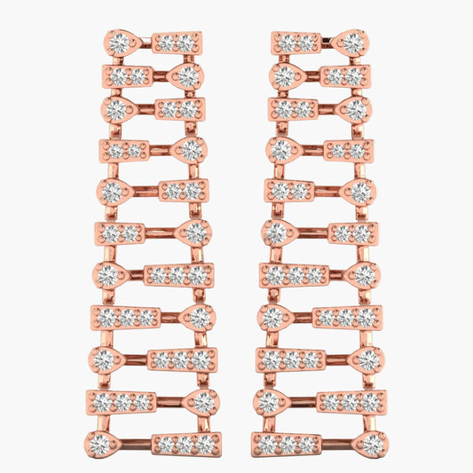 Rose gold earrings with clear gemstones on a white background