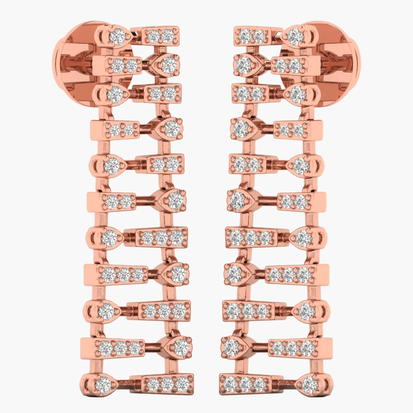Rose gold earrings with diamond accents on a white background