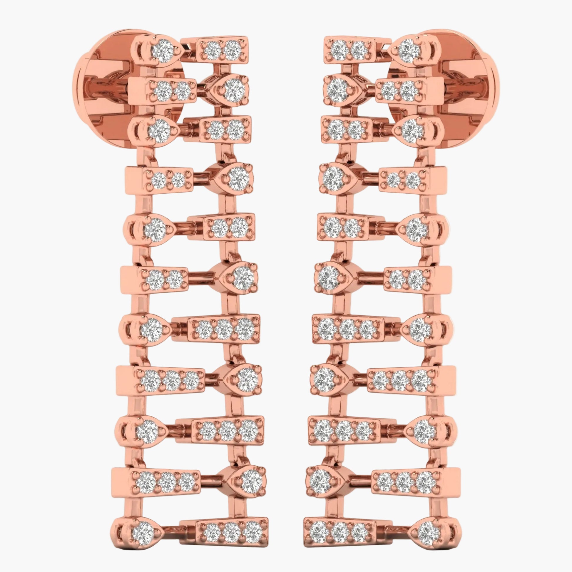 Rose gold earrings with diamond accents on a white background
