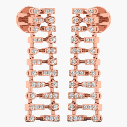 Rose gold earrings with diamond accents on a white background