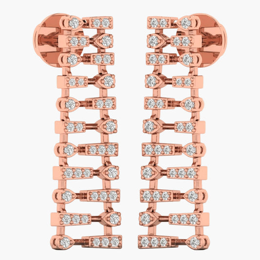 Rose gold earrings with diamond accents on a white background