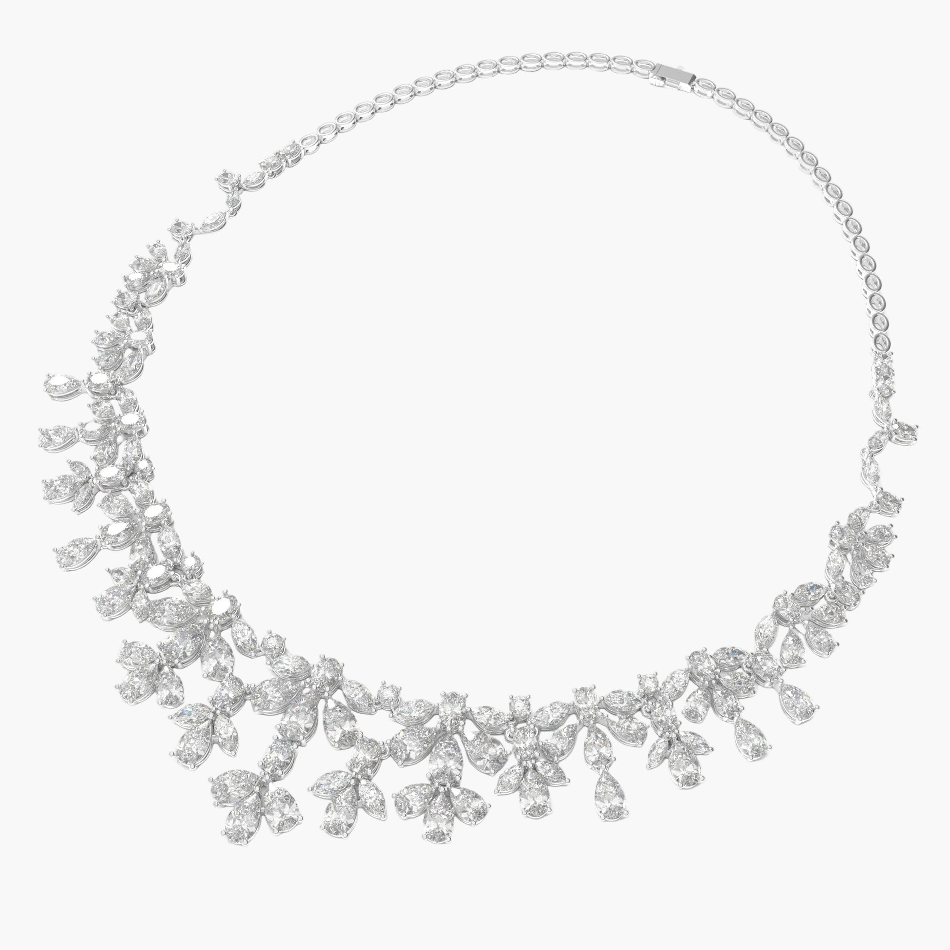 Silver necklace with floral design on a white background
