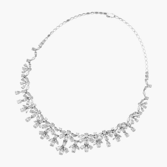 Silver necklace with clear stones on a white background, branded 'Green Lab'.