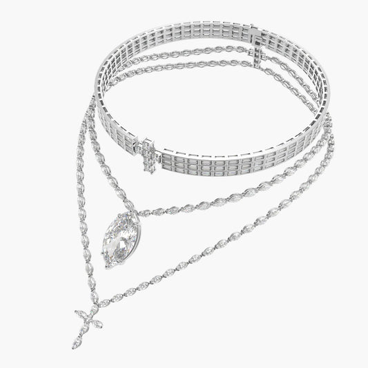 Silver bracelet and necklace set on a white background