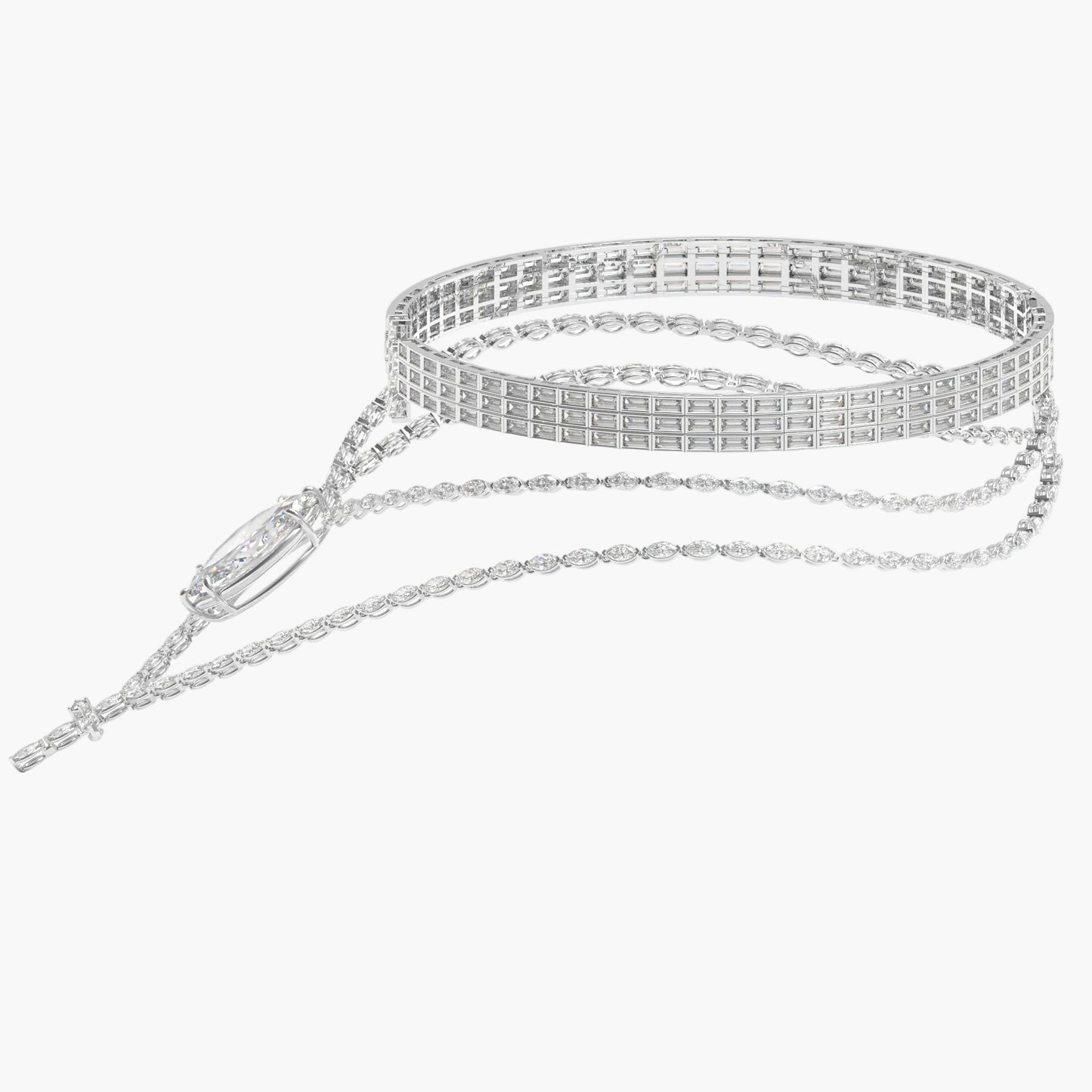 Silver belt with clear gemstones on a white background