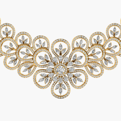 Gold necklace with diamond embellishments on a white background