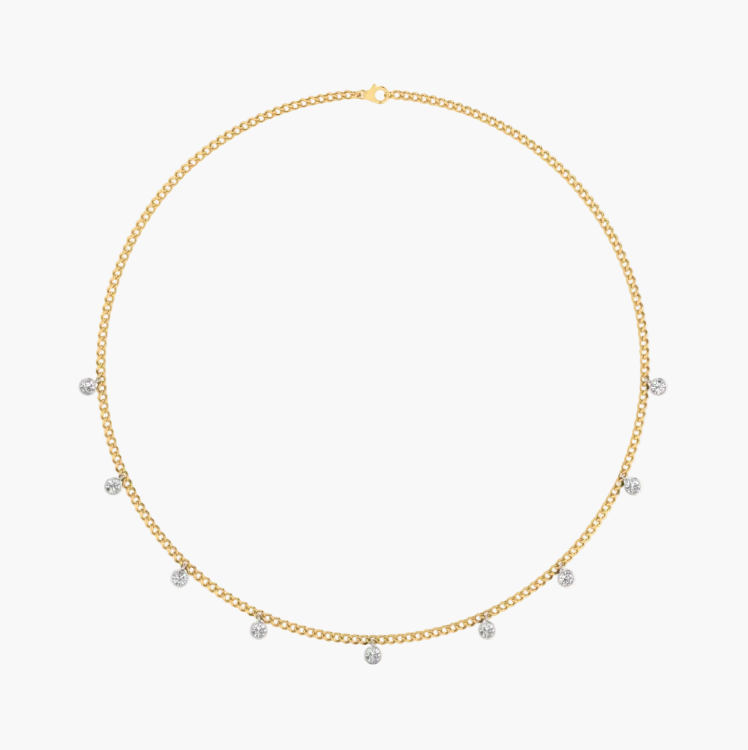 Gold necklace with small round stones on a white background, branded 'Green Lab'.