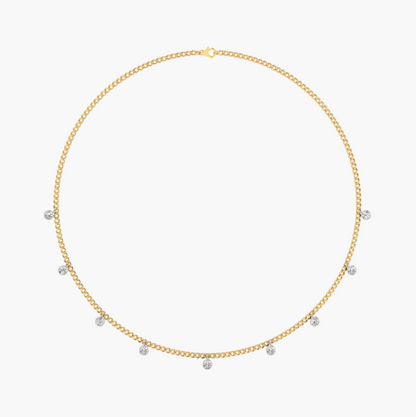 Gold necklace with small round stones on a white background, branded 'Green Lab'.