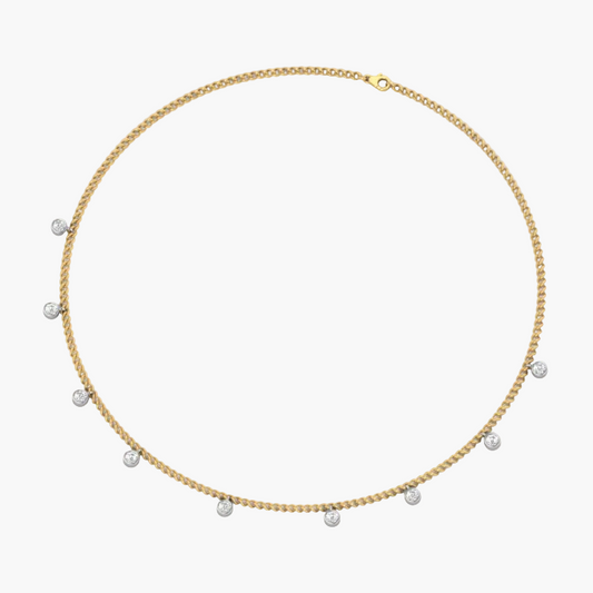 Gold necklace with small beads on a white background, branded 'Green Lab'.
